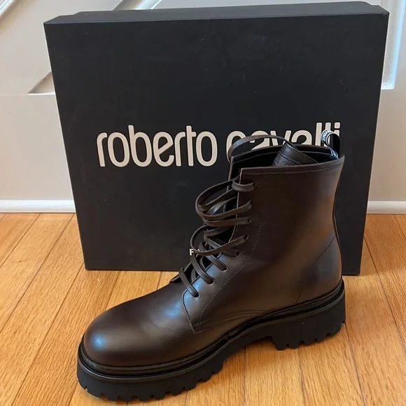 Roberto Cavalli leather hiker dark brown boots